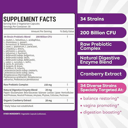 Women's Probiotic, 200 Billion CFU, Prebiotics + Digestive Enzymes + Cranberry, Complete Vaginal & Urinary Tract Health, Maintain pH & Yeast Balance, 60 Caps