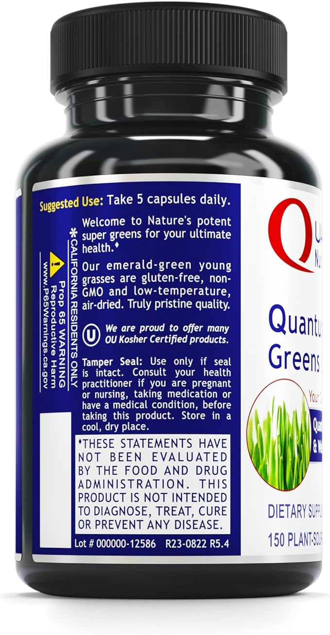 Quantum Nutrition Labs Greens Capsules - Super Greens Capsules, Greens Supplements, Superfood Blend for Wellness, Organic Veggie Pills with Kale, Leafy Greens, Alfalfa - 150 Vegetarian Capsules