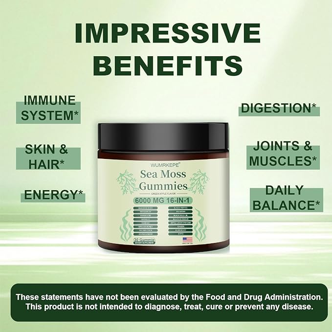 New Sea Moss Gummies - 6000 MG 16-in-1 Formula, Vegan, 30 Gummies - Support Digestion, Enhance Daily Wellnes