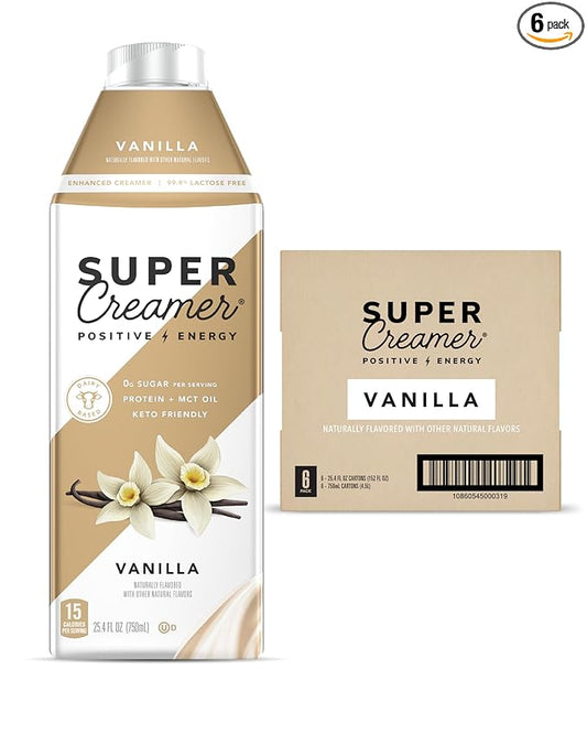 Super Coffee Creamer, SugarFree Coffee Creamer (0g Sugar, 1g Protein, 15 Calories) [Vanilla] 25.4 Fl Oz, 6 Pack | Keto Coffee Creamer