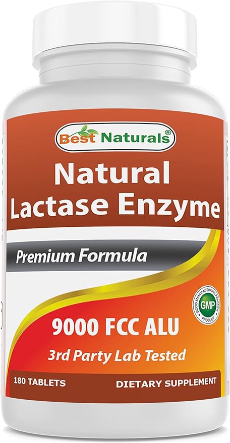 Best Naturals Lactose Intolerance Relief Tablets with Natural Lactase Enzyme, Fast Acting High Potency Lactase, 9000 FCC ALU, 180 Count