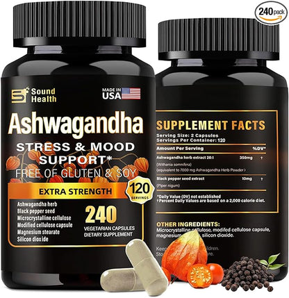 Organic Ashwagandha Capsules Supplement - 7000mg Herb Powder Equivalent per Serving - Immune Support, Hormone Balance - Enhanced Nutrient Absorption - 240 Capsules (120 Servings)