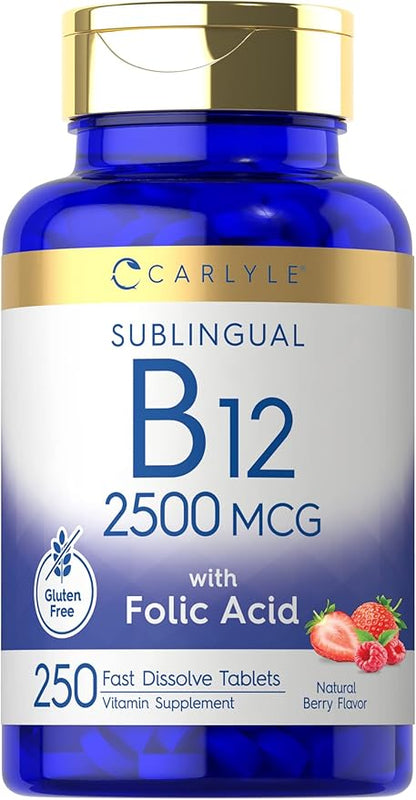 Carlyle Vitamin B12 Sublingual 2500 mcg | 250 Fast Dissolve Tablets | Cyanocobalamin Supplement with Folic Acid for Adults | Natural Berry Flavor | Vegetarian, Non-GMO, and Gluten Free
