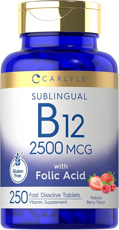 Carlyle Vitamin B12 Sublingual 2500 mcg | 250 Fast Dissolve Tablets | Cyanocobalamin Supplement with Folic Acid for Adults | Natural Berry Flavor | Vegetarian, Non-GMO, and Gluten Free