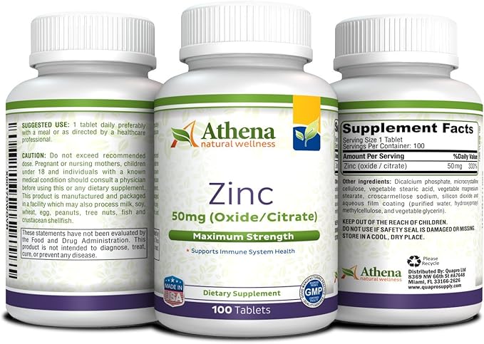 Athena - Zinc Supplement Tablets 50mg - Oxide/Citrate - 100 Coated Tablets