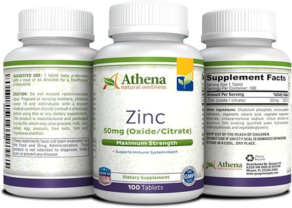 Athena - Zinc Supplement Tablets 50mg - Oxide/Citrate - 100 Coated Tablets