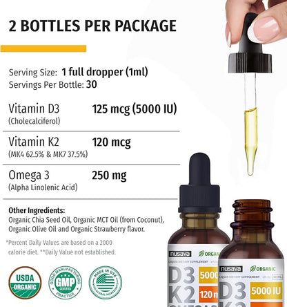 (2 Pack) Organic Vitamin D3 K2 Drops 5000 IU with MCT Oil Omega 3 - Maximum Strength Liquid D3 with No Fillers, Non-GMO for Faster Absorption, Immune Support (Strawberry, 2 Fl Oz)