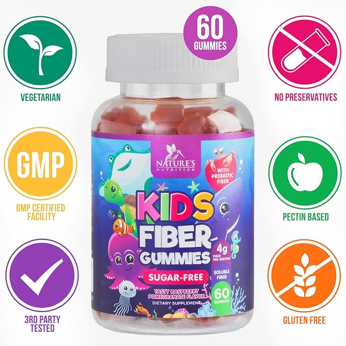 Kids Fiber Gummies – Sugar-Free Prebiotic Fiber Supplement Supports Digestion, Regularity, & Immune Health – 4g Plant-Based Fiber, Raspberry Flavor – Vegan, Gluten-Free Gummy Bears – 60 Gummies