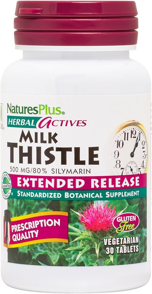 Natures Plus Herbal Actives Milk Thistle, Extended Release - 500mg, 80% Silymarin, 30 Vegetarian Tablets - Gluten-Free - 30 Servings
