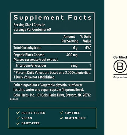 Gaia Herbs Black Cohosh - Menopause Support Supplement to Help Maintain Hormone Balance and Health for Women - with Organic Black Cohosh - 60 Vegan Liquid Phyto-Capsules (30-Day Supply)