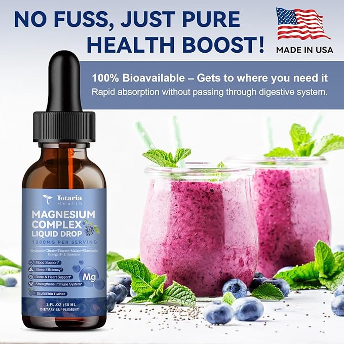 Magnesium Glycinate Liquid Drop 21 in 1 Magnesium Complex with Vitamin D3,K2,B6 & B12 Plus L-Theanine Omega-3 Sea Moss Extract for Energy,Sleep,Joint,Heart Health Sugar Free 2 Fl Oz （Pack of 2）