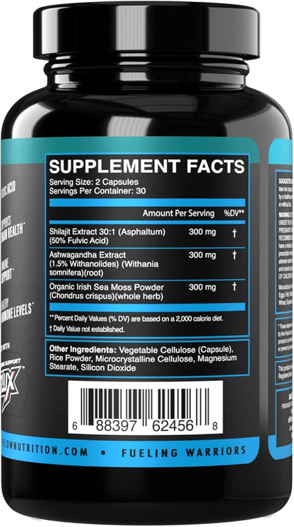 eFlow Nutrition Shilajit Capsules, Ashwagandha, Sea Moss [All-in-1] Trace Minerals, Fulvic Acid, Lab Tested Pure Himalayan Shilajit for Men & Women | Energy, Vitality & Hormonal Support (60 Capsules)