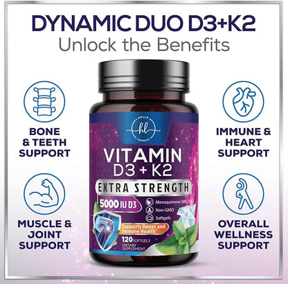 Vitamin D3 5000 IU with K2 100 mcg - D3 K2 Supplement, 2 in 1 Vitamins D & K2 Complex Softgels for Calcium Absorption, Bone, Teeth, Heart & Immune Support, Easy to Swallow, Non GMO - 120 Softgels