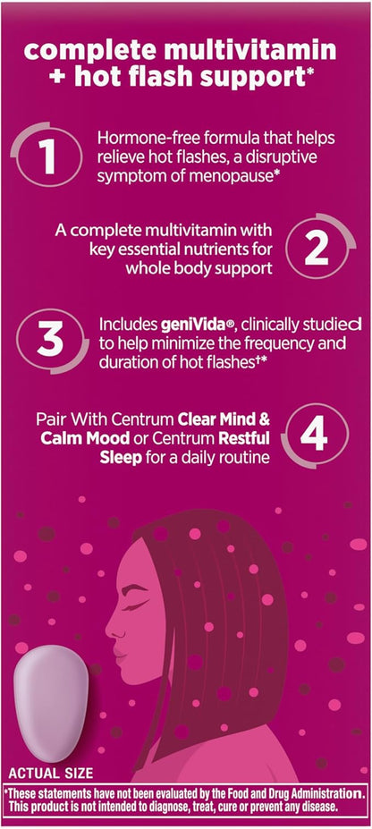 Centrum Complete Multivitamin Supplement + Hot Flash Support Menopause Support Tablets, with Clinically Studied geniVida, 30 Count