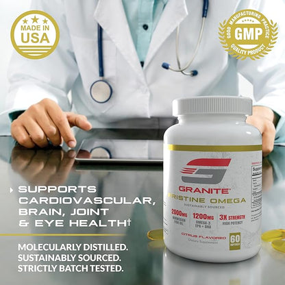 Granite Pristine Omega-3 Supplement, 2000mg Norwegian Fish Oil Supplements with EPA & DHA, Supports Joint, Heart, Brain, & Mood, Sustainably Sourced, Purity Tested (60 Softgels)