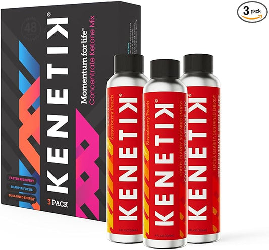 KENETIK Clean Energy Drink Mix, Sugar Free & Caffeine Free, Mental Focus, High Performance D-BHB, Strawberry Peach 3 Pack (12 Servings)