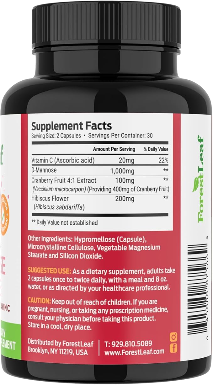 ForestLeaf D Mannose 1000mg Capsules - D-Mannose with Cranberry, Hibiscus & VIT C, Urinary Tract Health for Women and Men, Organic DMannose Pills for UTI, Urinary Health & Bladder Support 60 Capsules
