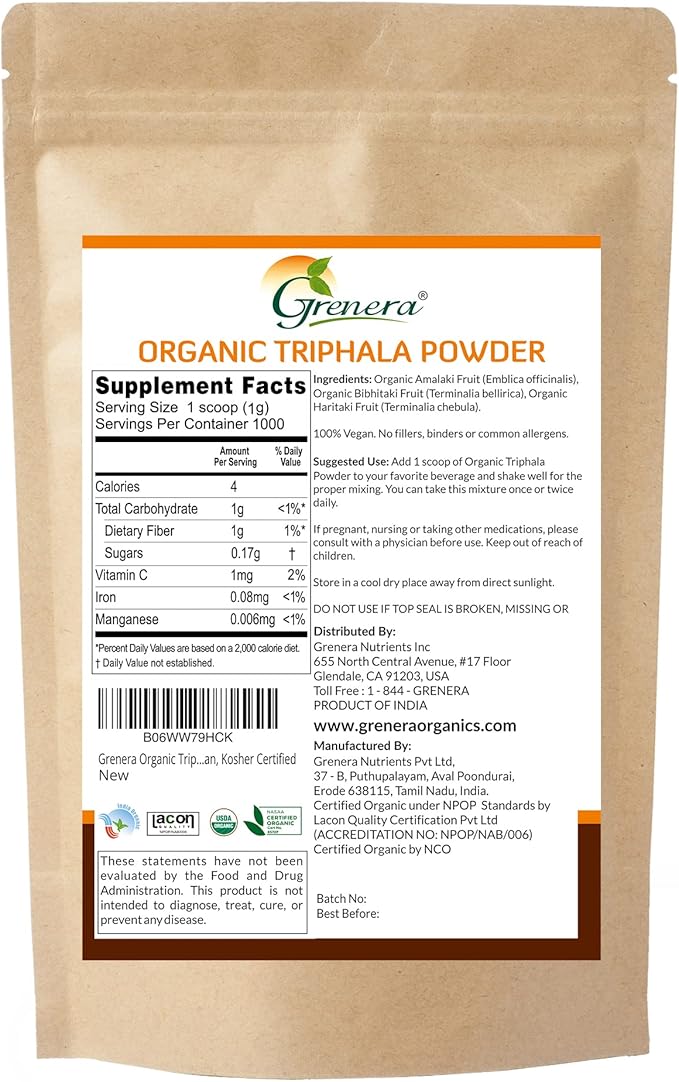 Grenera Organic Triphala Powder 2.2 lb (35.2 Ounce) - Made with Organic Amalaki, Organic Bibhitaki, Organic Haritaki Fruit - USDA Organic, Vegan, Kosher Certified