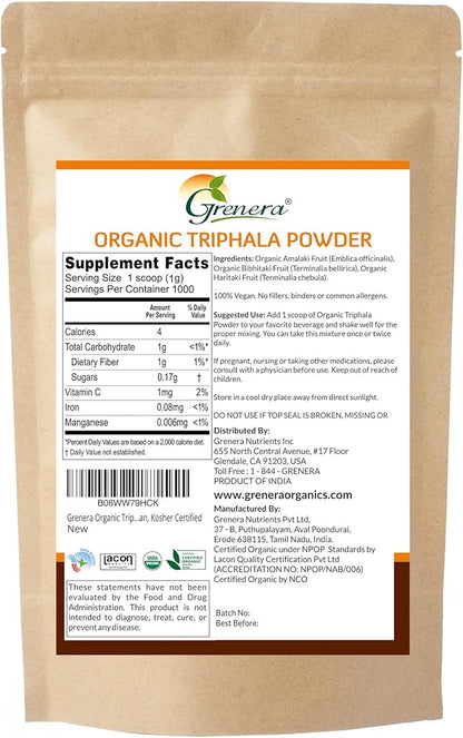 Grenera Organic Triphala Powder 2.2 lb (35.2 Ounce) - Made with Organic Amalaki, Organic Bibhitaki, Organic Haritaki Fruit - USDA Organic, Vegan, Kosher Certified