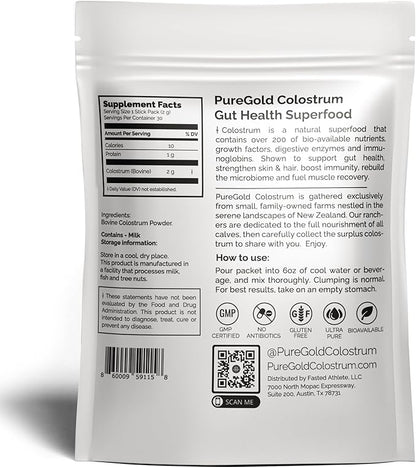 PureGold Colostrum | Premium Grass Fed | Supports Gut Health, Skin & Hair, Muscle Recovery, Bloating, Immunity | Colostrum Supplement Powder | Unflavored, 30 Serving Packets