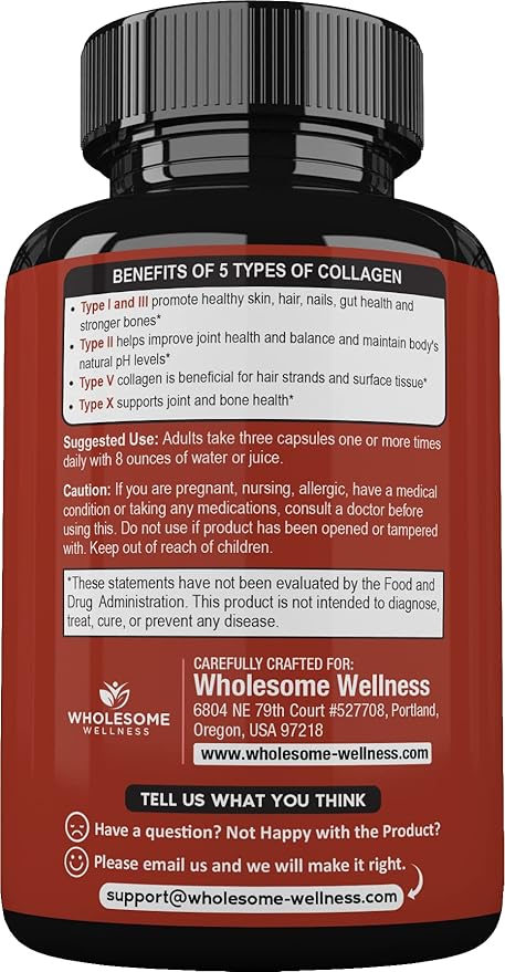 Wholesome Wellness Super-Absorb Multi Collagen Pills (Type I II III V X) Organic Herbs & Bioperine - Hair, Skin, Nails, Joints - Hydrolyzed Peptides Protein Supplement for Women & Men (90 Capsules)