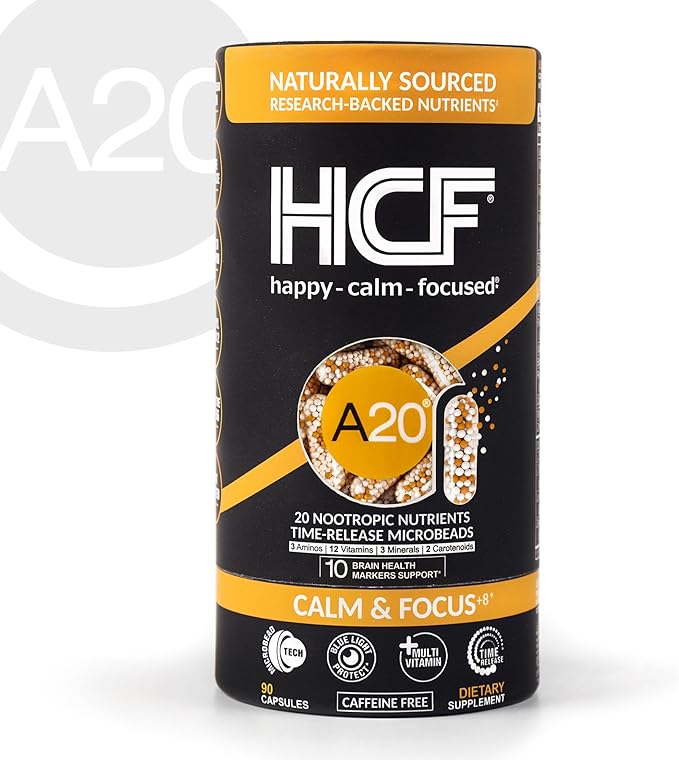 HCF A20 Microbead Brain Health Supplements for Adults for Memory, Focus, Calm, Mood, Alertness, Attention, Vision, Sleep, Immune System, 20 Premium Nootropic Nutrients Multivitamin & 7 Advances® Tech
