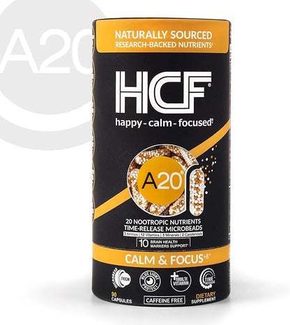 HCF A20 Microbead Brain Health Supplements for Adults for Memory, Focus, Calm, Mood, Alertness, Attention, Vision, Sleep, Immune System, 20 Premium Nootropic Nutrients Multivitamin & 7 Advances® Tech