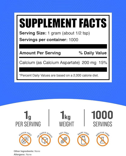 BulkSupplements.com Calcium Aspartate Powder - Calcium Supplement Powder, Essential Nutrient - Gluten Free, 1g per Serving, 1kg (2.2 lbs) (Pack of 1)