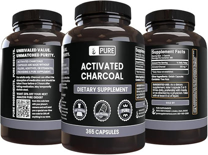 Pure Original Ingredients Activated Charcoal, No Magnesium or Rice Fillers, Always Pure, Lab Verified (365 Count)