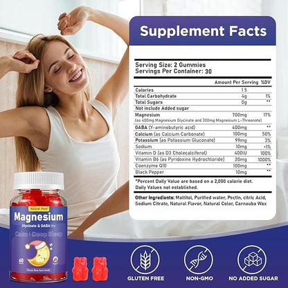 Magnesium Glycinate Gummies with GABA for Clam and Bed Time 400mg Sugar Free Magnesium Glycinate Supplement with Vitamin D, B6, and CoQ10 for Calm & Bed Time for Kids Adults