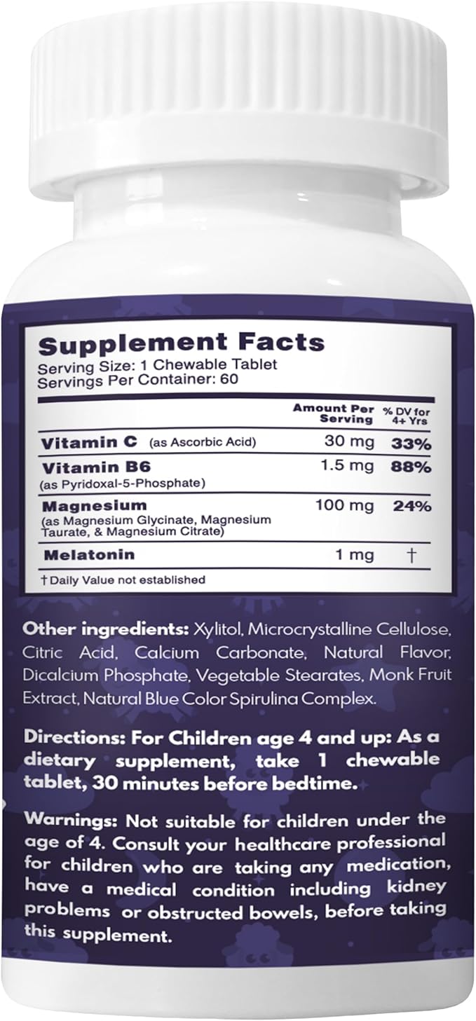 VAL Sugar-Free Calm Magnesium for Kids PM Chewable Tablets | Magnesium Glycinate, Citrate & Taurate | Melatonin & Vitamins B6 & C | Bedtime Support | Non-GMO | Blueberry Yogurt Flavor | 60 Count