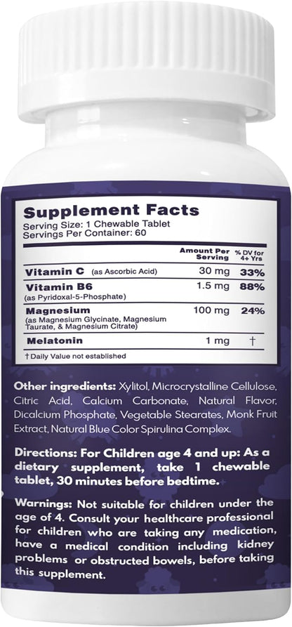 VAL Sugar-Free Calm Magnesium for Kids PM Chewable Tablets | Magnesium Glycinate, Citrate & Taurate | Melatonin & Vitamins B6 & C | Bedtime Support | Non-GMO | Blueberry Yogurt Flavor | 60 Count