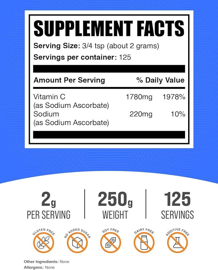 BulkSupplements.com Sodium Ascorbate Powder - for Immune Support, Sodium Ascorbate Vitamin C - Buffered Vitamin C, Gluten Free, 2000mg per Serving, 250g (8.8 oz) (Pack of 1)