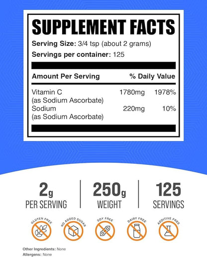 BulkSupplements.com Sodium Ascorbate Powder - for Immune Support, Sodium Ascorbate Vitamin C - Buffered Vitamin C, Gluten Free, 2000mg per Serving, 250g (8.8 oz) (Pack of 1)