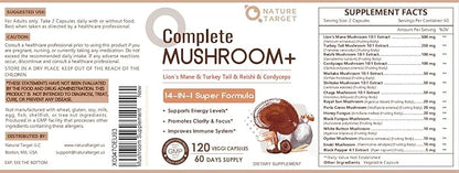 NATURE TARGET Mushroom Supplement, Mushroom Complex with Lion's Mane, Turkey Tail, Reishi, Cordyceps, Shiitake, 14-in-1 Mushrooms for Memory and Focus, 120 Capsules