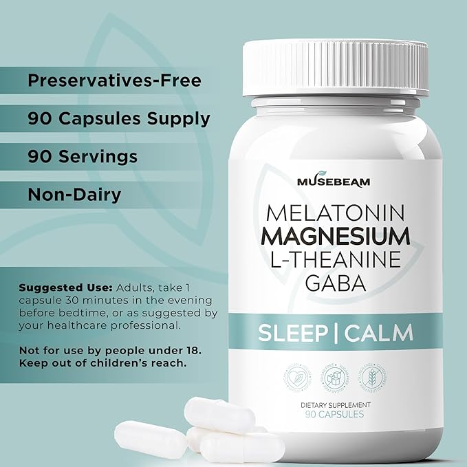Magnesium Glycinate 275mg Melatonin 5mg L-Theanine 200mg GABA 100mg Capsules - Full Rest Nighttime Bedtime Support Supplement for Men Women - Vegan Sugar-Free Gluten-Free
