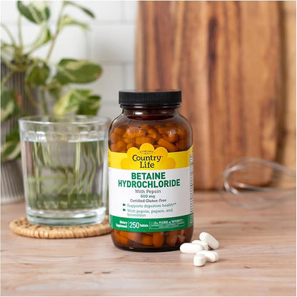 Country Life Betaine Hydrochloride with pepsin 600 mg - 250 Tablets