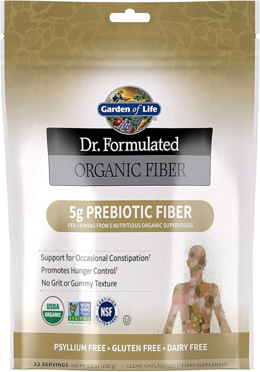 Garden of Life Dr Formulated Organic Fiber Supplement Powder Unflavored, Sugar Free, Psyllium Free Prebiotic Superfoods, Constipation Relief and Hunger Control for Men and Women, 32 Servings