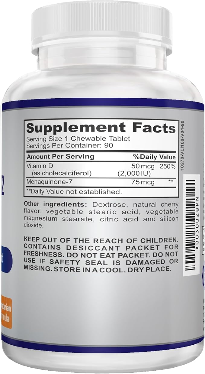 Vitamin D3 + K2 2000IU Chewable for Bone Health Support, 90 Vegan chewable Tablets, up to 3-Month Supply