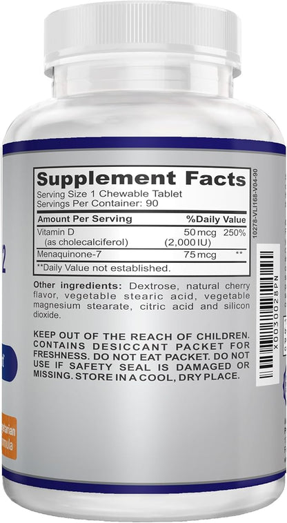 Vitamin D3 + K2 2000IU Chewable for Bone Health Support, 90 Vegan chewable Tablets, up to 3-Month Supply