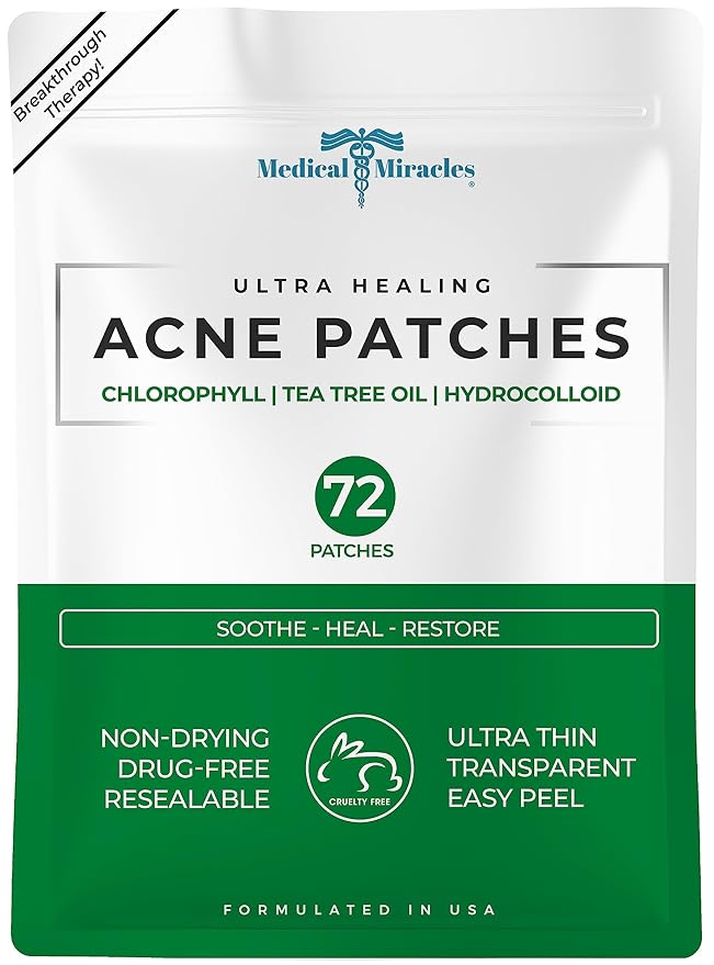 NEW- Chlorophyll, Tea Tree Oil and Hydrocolloid Acne 72 Patches by Medical Miracles. Face Healing Patch Treatment for Absorbing Zits, Pimples, Cystic Spots, Blemishes