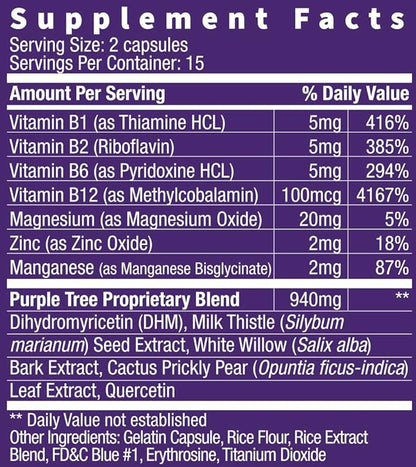 purple tree Post-Celebration Wellness Vitamins | Liver Support, Rapid Hydration, Body Replenisher | Dihydromyricetin DHM, Milk Thistle, Electrolytes, Vitamin B, Willow Bark, Quercetin (30 Pills)