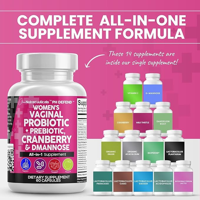 Clean Nutraceuticals Vaginal Probiotics for Women + Prebiotics 20 Billion Cranberry Pills w D-Mannose 500 mg for Urinary Tract Health pH Balance - for Vaginal Health Supplements Pills - 2Pack