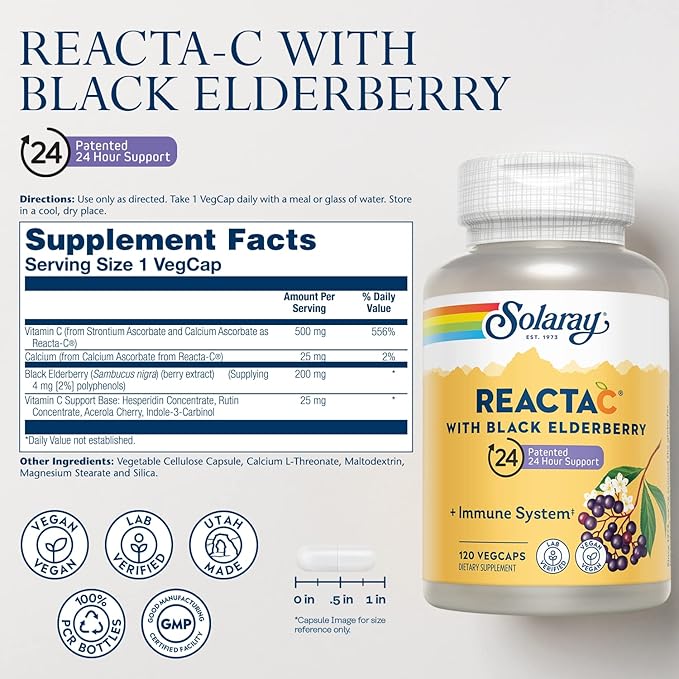SOLARAY Reacta-C with 500mg Vitamin C, 200mg Sambucus Black Elderberry Extract, Immune System Defense Vitamins, Patented 24 Hour Immunity Booster Support Supplement, Vegan, 120 Capsules, 120 Servings