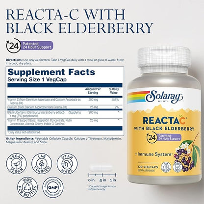 SOLARAY Reacta-C with 500mg Vitamin C, 200mg Sambucus Black Elderberry Extract, Immune System Defense Vitamins, Patented 24 Hour Immunity Booster Support Supplement, Vegan, 120 Capsules, 120 Servings
