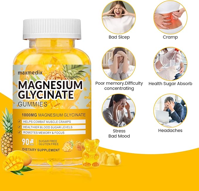 Magnesium Gummies 1000mg -Magnesium Glycinate Supplement and Magnesium L-Threonate Gummy,Sugar Free Magnesium Potassium Supplement for Calm Mood, Muscle, Bone & Sleep Support 90 MangoPineapple Gummies