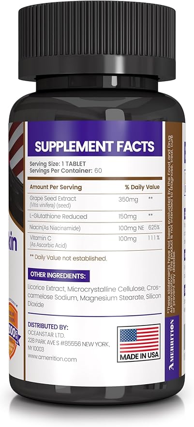 Skin Whitening Supplement Infused with Grape Seed Extract, Glutathione, Vitamin B3, and Vitamin C - 60 Tablet