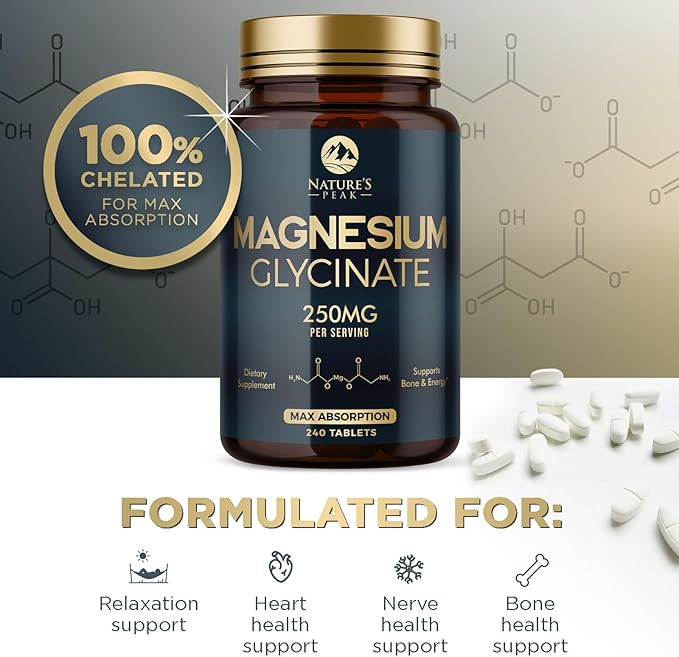 Magnesium Glycinate Chelated for Max Absorption - Supports Bone, Muscle, Nerves & Heart Health, Nature's Sleep and Stress Support, Best Magnesium Supplement Pills for Whole Body Support - 240 Tablets