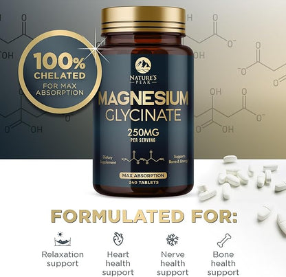 Magnesium Glycinate Chelated for Max Absorption - Supports Bone, Muscle, Nerves & Heart Health, Nature's Sleep and Stress Support, Best Magnesium Supplement Pills for Whole Body Support - 240 Tablets