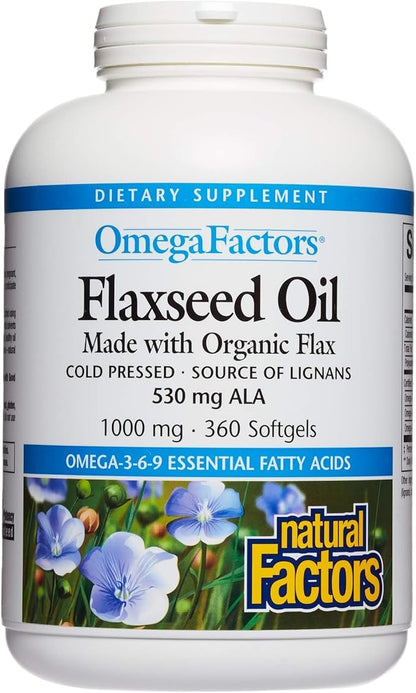 Omega Factors by Natural Factors, Flaxseed Oil, Supports Overall Health with Omega-3, 6 and 9 Fatty Acids, 360 softgels (360 servings)
